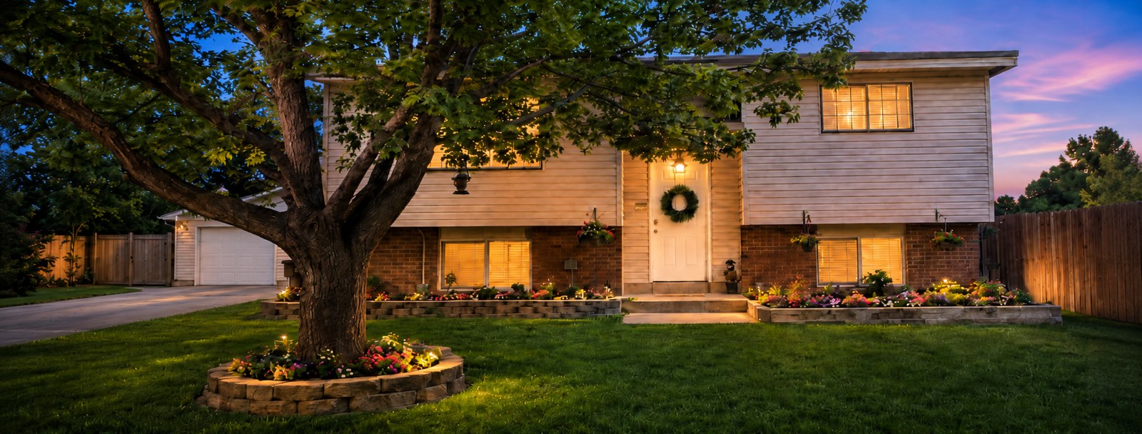 Fly Away Home at dusk, with a tree-lined front lawn and warmly lit windows